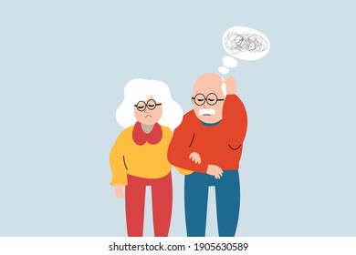 Flat character elderly husband with dementia. couple with amnesia needs help. married man and wife support each other. Vector man struggles against mental disorder. Alzheimer and memory loss concept.