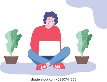 Flat Character Engaged with Laptop