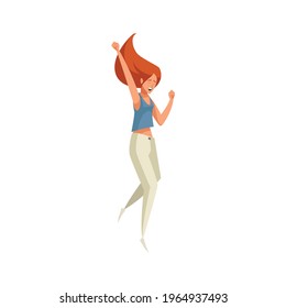 Flat character of excited young woman dancing vector illustration