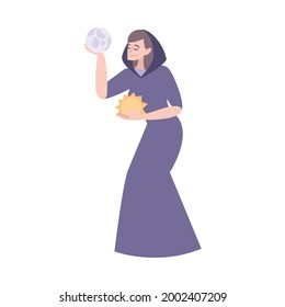 Flat character of female seer holding sun and earth vector illustration