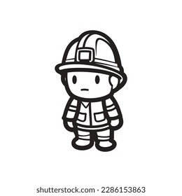 Carácter plano de la ilustración vectorial del bombero, silueta vectorial en blanco y negro, icono del bombero, símbolo del bombero