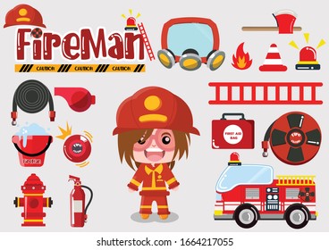 Flat Character Fireman Cartoon  girl Cute Package