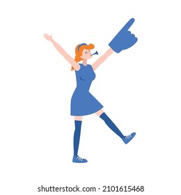 Flat character of football fan with hand glove on white background vector illustration