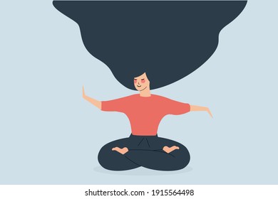 Flat character girl in cross legged position mediates. Woman with closed eyes practicing yoga in the morning, relaxing and breathing exercice at home. Flat design female body concentration concept.