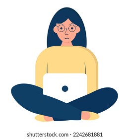 Flat character of a girl with a laptop. Woman working at her laptop. Distance education.