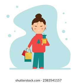 Flat character. girl in a red sweater with shopping and gifts in her hands