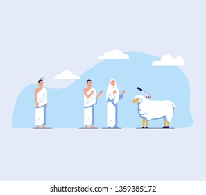 Flat character of hajj pilgrim cut hair and sacrificing animal. This is one part of hajj rite.