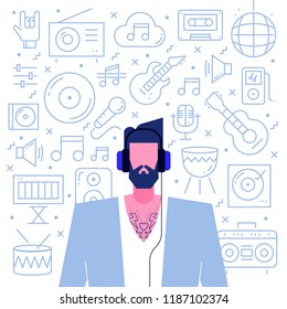 Flat character hipster,music sound system pixel perfect line icons set.Diversity audio symbols-electric guitar,music keyboard,radio,microphone stand,DJ mixer,vinyl,headphones,drums,loudspeakers etc