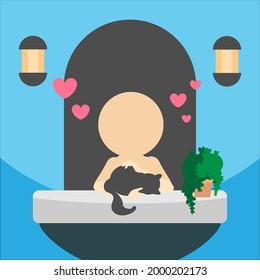 Flat Character holding a cat at night, Vector illustration.