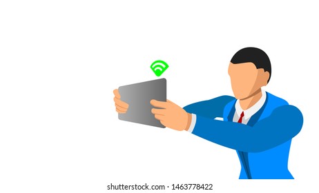 flat character holds a tablet with wireles signal. separate background design. eps10 vector file