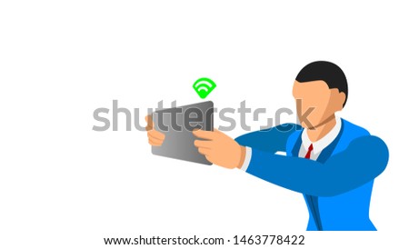 flat character holds a tablet with wireles signal. separate background design. eps10 vector file