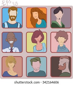 Flat character icon or avatar set. Stylish young people avatar icon. man, woman. Different style and haircut. Vector illustration. eps10