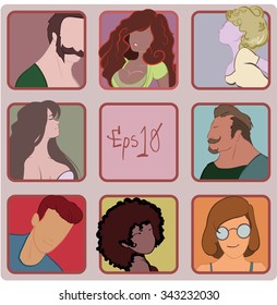 Flat character icon or avatar set volume 2. Stylish young people avatar icon. man, woman. Different style and haircut. Vector illustration. eps10
