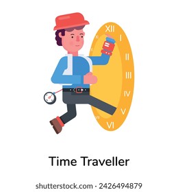 A flat character icon depicting a time traveller 