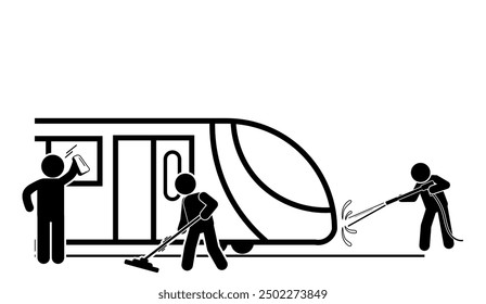 FLAT CHARACTER ICON ILLUSTRATION WASHING AN ELECTRIC TRAIN