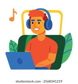A flat character illustration of boy listening podcast