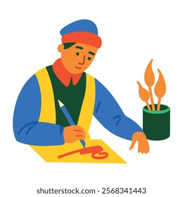 A flat character illustration of a calligrapher