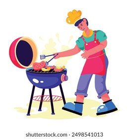 Eine flache Zeichengrafik, die das Grillen von Grillabfällen darstellt 