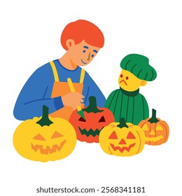 Flat character illustration depicting pumpkin carving