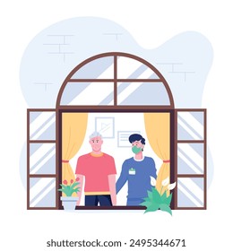 A flat character illustration depicting senior care 