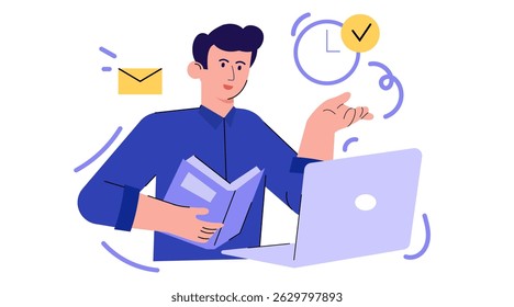 Flat Character illustration Focused Man Answering Emails While Multitasking