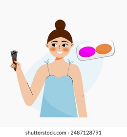 Flat character illustration of girl doing make up with blush on and brush. Cosmetic girl icon illustration.