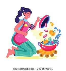 A flat character illustration of girl doing campfire cooking 