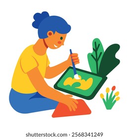 A flat character illustration of girl doing digital art