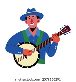 A flat character illustration of happy banjo player