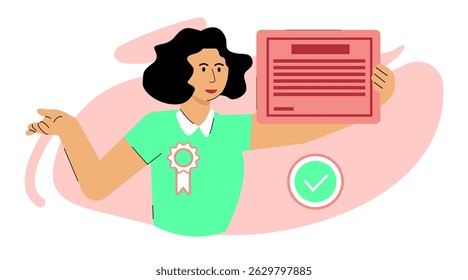Flat Character illustration Happy Woman Relaxing with Laptop and Checklist