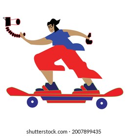 Flat character illustration holding camera and phone in hand on skateboard
