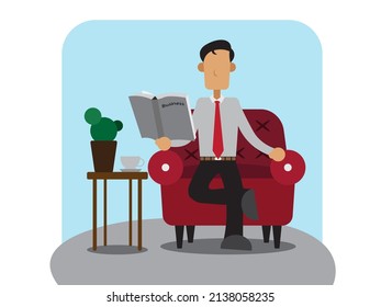 flat character illustration image of a man studying business from a book or reading a book about business that is suitable for article illustration and design

