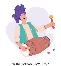 A flat character illustration of indian drummer 