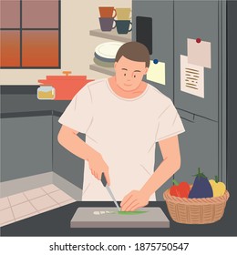 flat character illustration Man cooking in the kitchen