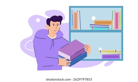 Flat Character illustration Man Holding Books and Working in Organized Office