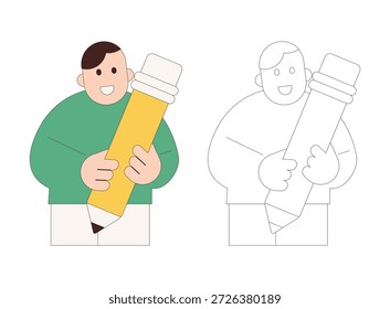 Flat character illustration of a man holding a giant pencil, representing creativity, writing, education, design process, and idea development concept.