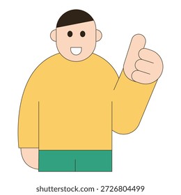 Ilustración plana del carácter de un hombre que muestra el gesto del pulgar para arriba, expresando Aprobación, éxito, Comentarios positivo, y satisfacción para el concepto del negocio, del servicio, y de la comunicación.