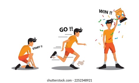 flat character illustration of a man's early start journey running to the finish victory, champion or success in life

