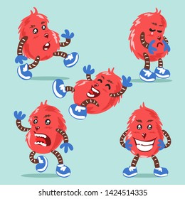 Flat Character Illustration of a Monster with Various Expressions; Ordinary Feeling, Sad. Happy, Angry, and Smile