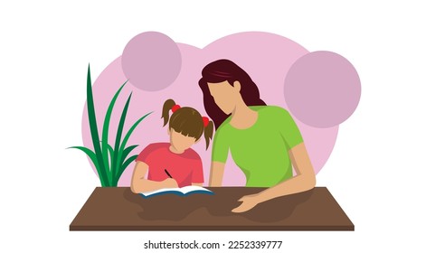 flat character illustration of a mother who is teaching and guiding her child to study