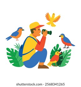 A flat character illustration of ornithologist