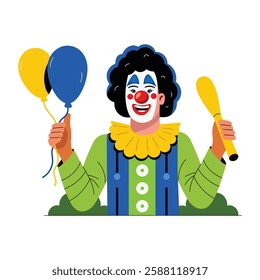 A flat character illustration of party clown holding balloons