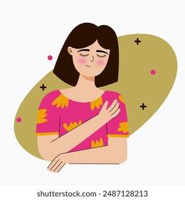 Ilustración de carácter plano de chica de amor propio. La chica se sostiene y se tú misma. Icono de ilustración de salud mental.