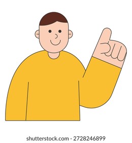 Flat character illustration of a smiling man pointing up, showing idea, explanation, guidance, or solution concept, suitable for business, education, and communication themes.