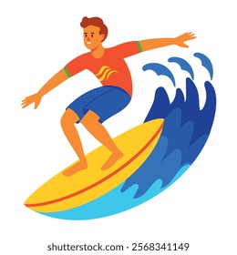 Flat character illustration of a surfing boy