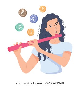 Flat character illustration of a woman playing flute 