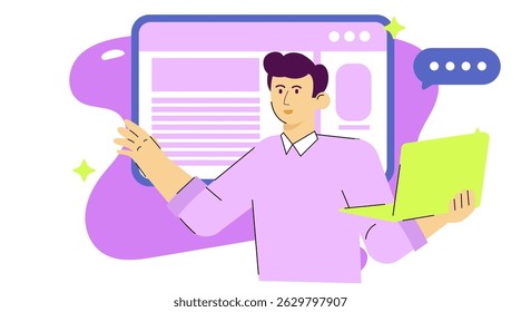 Flat Character illustration Young Businessman Presenting Sales Report from Laptop