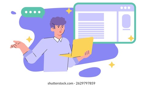 Ilustración de personaje plano Hombre joven que sostiene la carpeta y que señala en el monitor de escritorio