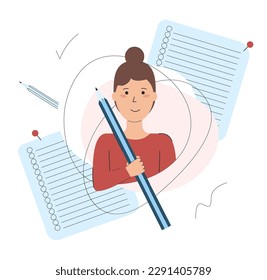 Flat character with a large pencil. Student girl with pencil in hand. Back to school. Vector illustration.  