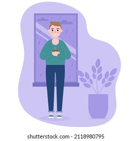 Flat character. Man with cup of tea or coffee standing near the window in rainy day.